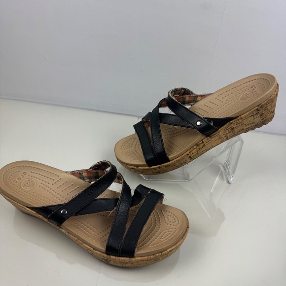 Crocs Black Wedge Sandals Cork Sole Women's Size 8 Comfort Slip On - Picture 3 of 13